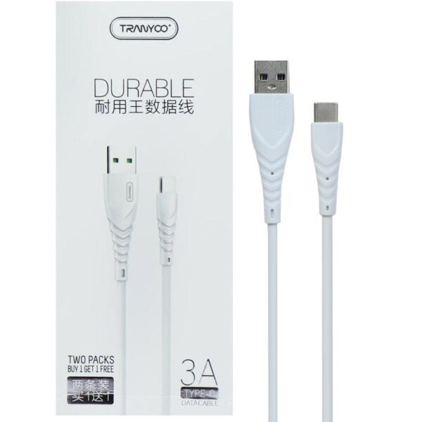 کابل شارژ Type-C ترانیو مدل S10 سفید طول ۱ متر با جریان ۳ آمپر + شارژ سریع و انتقال دیتا | اگنس استور A1
