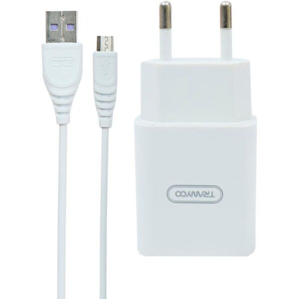 شارژر دیواری ترانیو V11 دو پورت USB با جریان 2.4 آمپر + کابل اندروید و شارژ سریع | اگنس استور A1